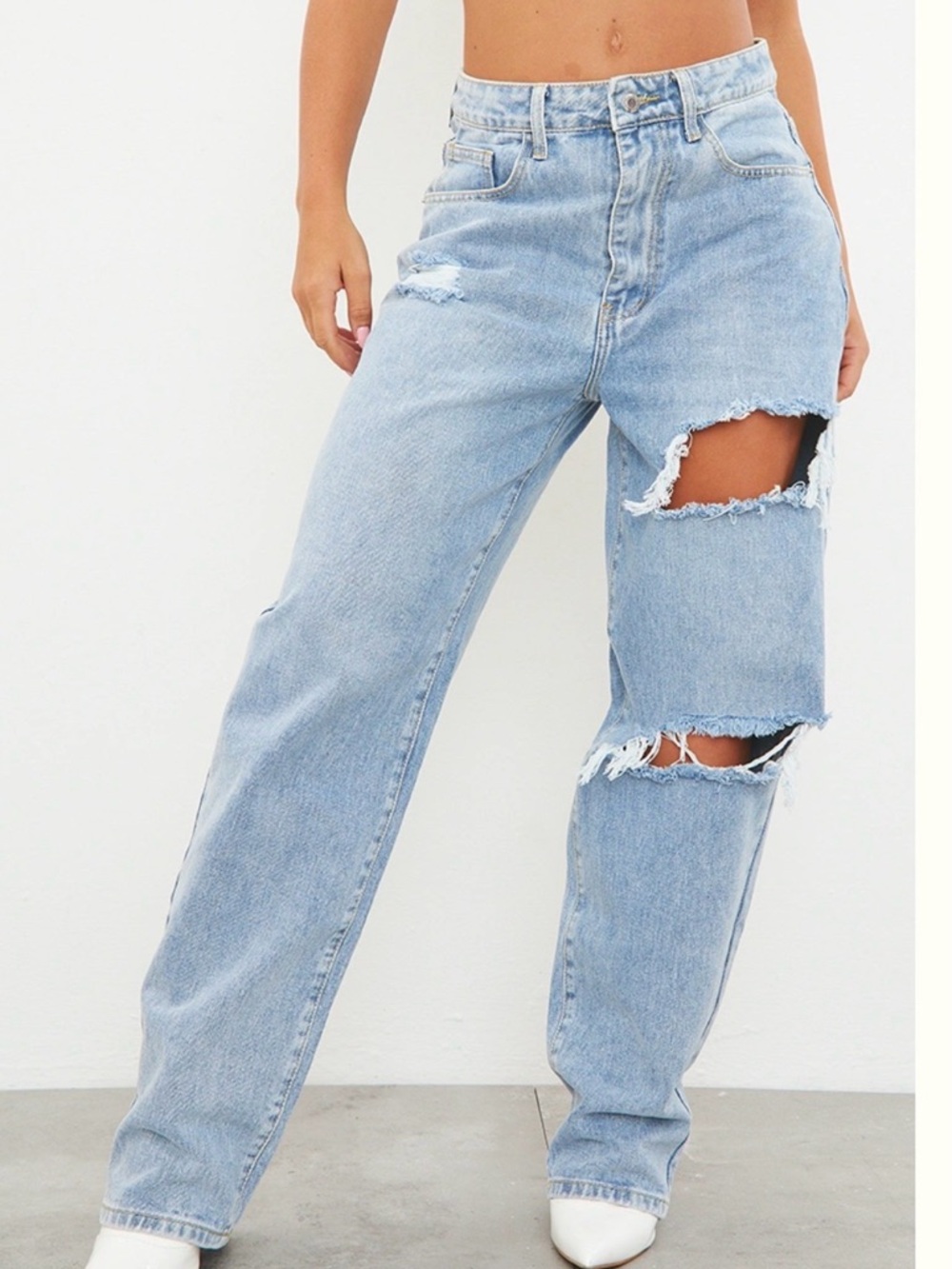 PrettyLittleThing Light Blue Distressed Straight Leg Jeans